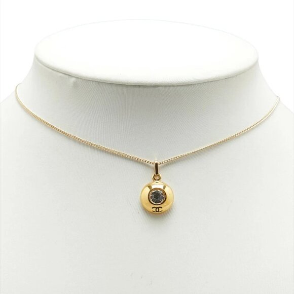 CHANEL CC Logo Rhinestone Round Pendant Necklace 16" Gold Tone Auth w/Box #05404 - Picture 2 of 7